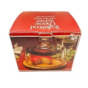 Vtg 1982 gailstyn Sutton Towle teakwood cheese Server Glass Dome original box